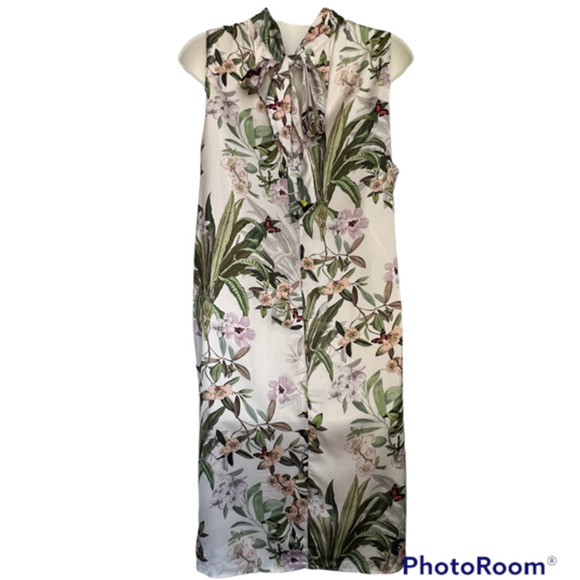 H & M BEAUTIFUL FLORAL & BIRD PRINT TIE BACK SHEATH DRESS SIZE MEDIUM - Picture 7 of 11